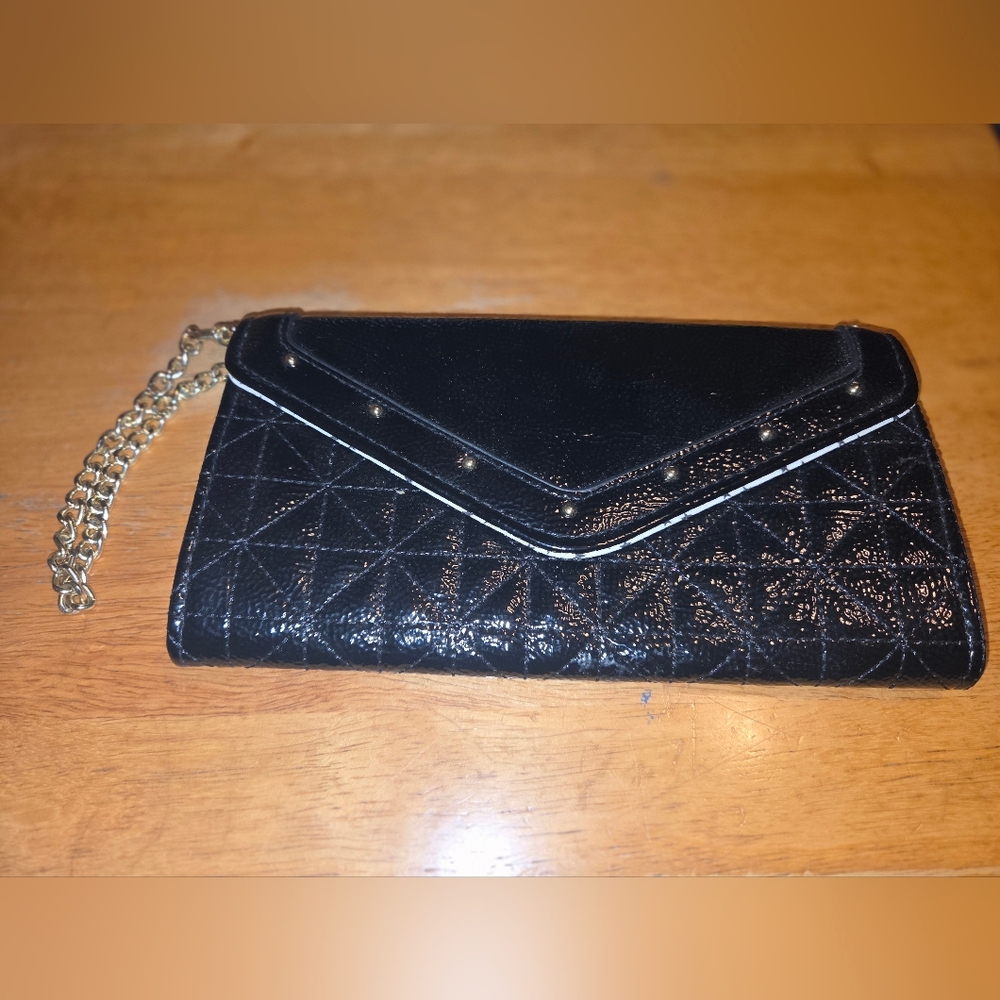 Black Leather Clutch with Silver Chain and Studs